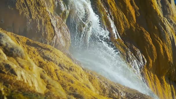 Close Mountain Waterfall Slowly Flows Sea Slow Motion — Stock Video