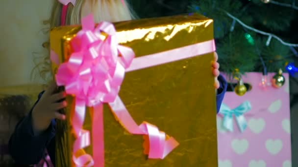特写一个三岁的女孩 在圣诞树旁享受礼物 看着相机 — 图库视频影像