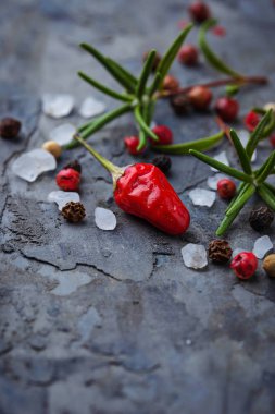 Kırmızı sıcak biber biber, biberiye ve tuz