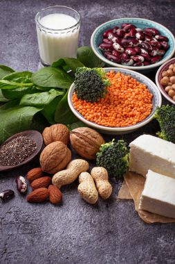 Mercimek, nohut, fındık, fasulye, ıspanak, tofu, brokoli ve chi