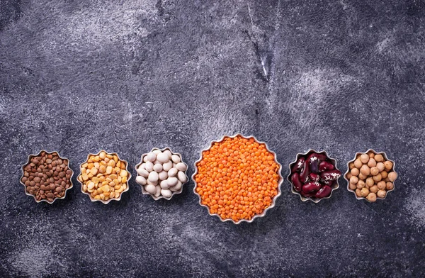 Various legumes. Chickpeas, red lentils, black lentils, yellow p