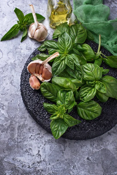 Verse groene basilicum met knoflook en olijfolie — Stockfoto