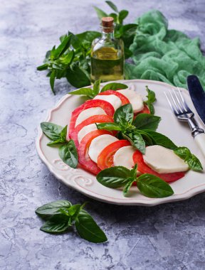 Mozzarella peyniri, domates ve fesleğen ile İtalyan caprese salatası