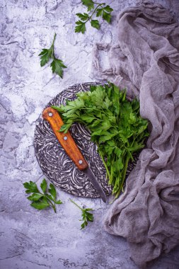 Gri beton zemin üzerine taze maydanoz