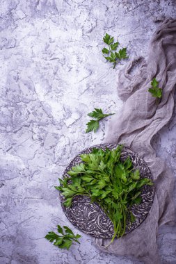 Gri beton zemin üzerine taze maydanoz