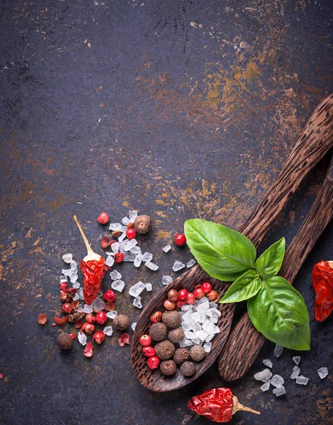 Tahta kaşık tuz ve biber ile.