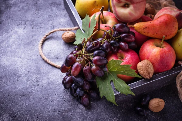 Frutas frescas. Manzanas, peras, uvas y melocotones —  Fotos de Stock