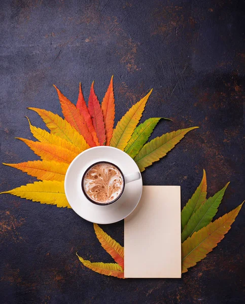 Fondo otoñal con hojas y taza de café . — Foto de Stock