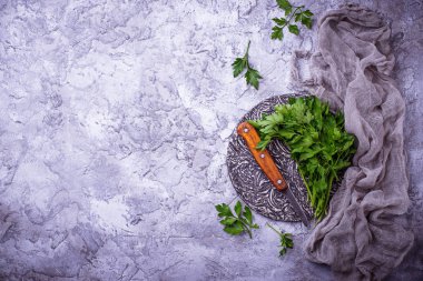 Gri beton zemin üzerine taze maydanoz