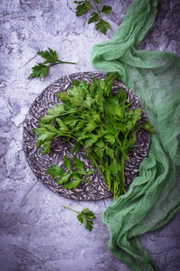 Gri beton zemin üzerine taze maydanoz