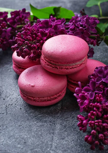 Pink macaroons and lilac. — Stock Photo, Image