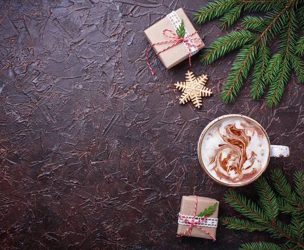Christmas background with latte and gift boxes — Stock Photo, Image