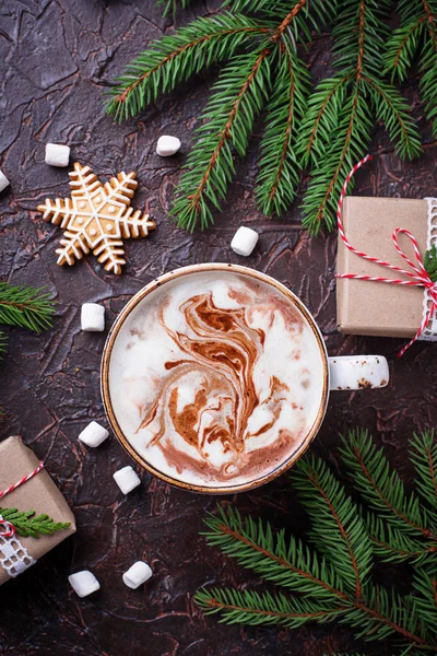 Christmas background with latte and gift boxes — Stock Photo, Image