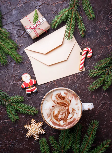Christmas background with latte and letters — Stock Photo, Image