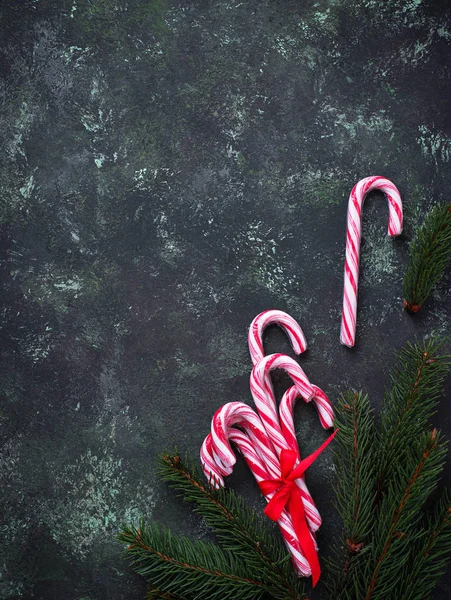 Sfondo natalizio con canna da zucchero e rami di abete — Foto Stock
