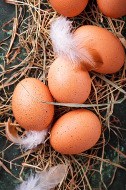 Saman üzerinde çiğ tavuk yumurta