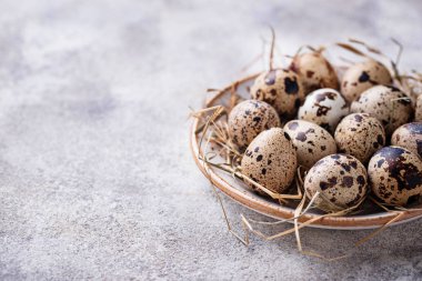 Bıldırcın yumurtası ve saman ışık arka plan üzerinde