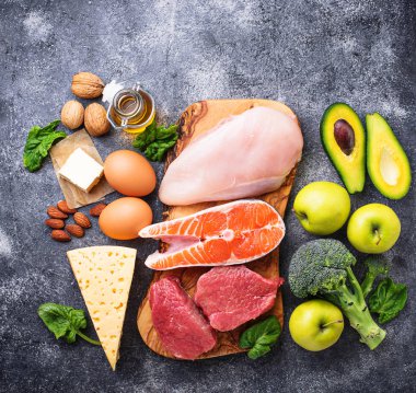 Sağlıklı düşük karbonhidrat ürünleri. Ketogenic diyet. 