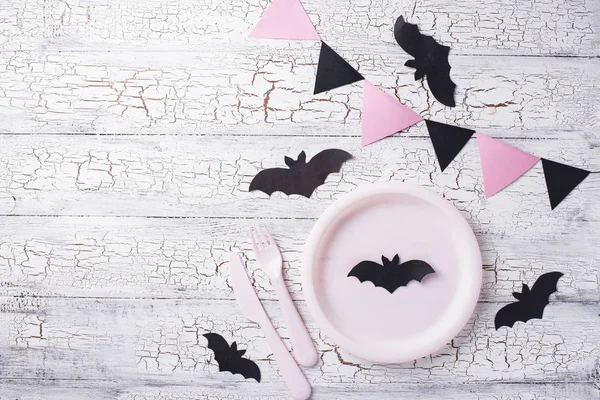 Halloween schwarz und rosa Tischdekoration — Stockfoto
