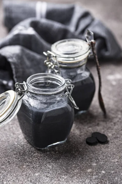 Black activated charcoal detox yogurt — Stok fotoğraf