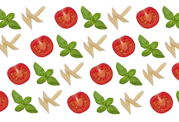 Pattern with cherry tomatoes, basil and pasta — Stock Photo, Image