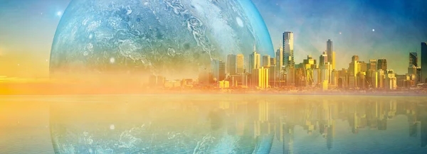 Fantasy Landskap Moderna Megapolis Skyline Och Enorma Främmande Planet Reflekterar — Stockfoto