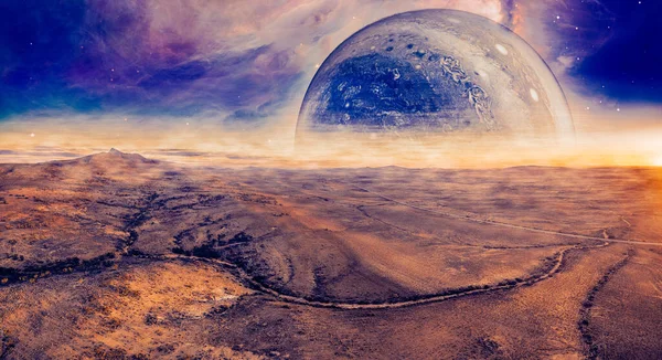 Utomjordisk Fantasi Panorama Landskap Overklig Planet Stiger Över Öknen Delar — Stockfoto