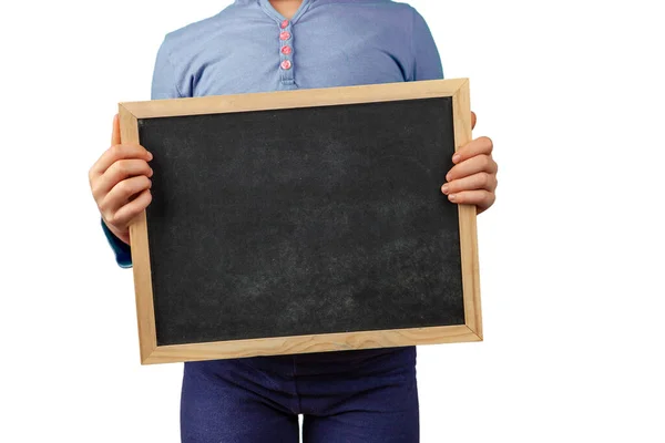 Child Midsection White Background Holding Empty Blackboard Copy Space — Stock Photo, Image