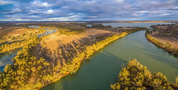 Luchtfoto Panorama Eucalyptussen Werpen Lange Schaduwen Oevers Van Murray River — Stockfoto