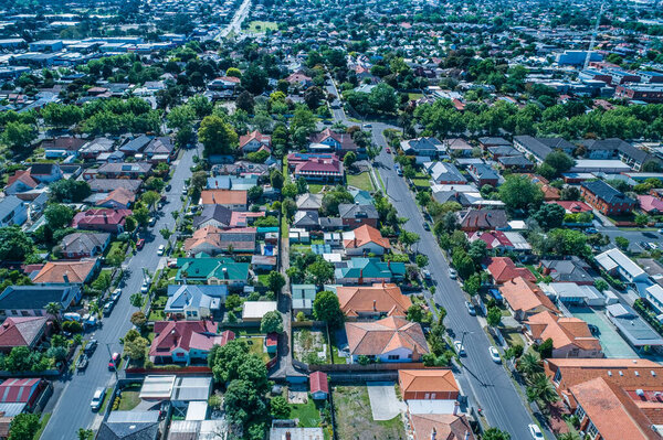 Aerial view - looking down at houses in suburb in Melbourne, Australia