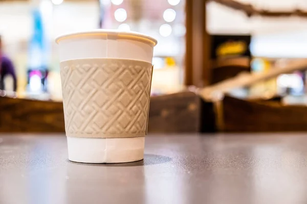 Műanyag Kávéscsésze Közelkép Elmosódott Háttér Másolási Hely — Stock Fotó