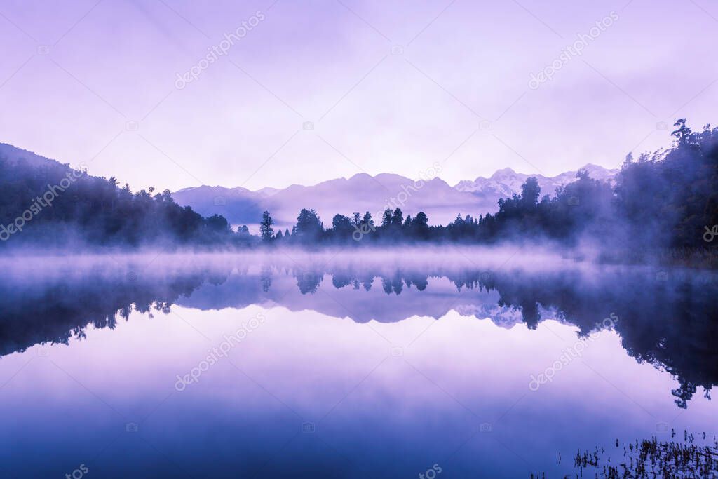 Beautiful reflections of Southern Alps at Lake Matheson on early morning, South Island, New Zealand