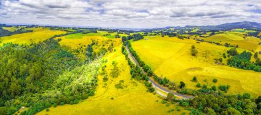 Avustralya kırsalının havadan panoramik manzarası - sarı alanlar ve tepeler