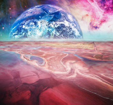 Yabancı gezegendeki fantezi manzarası. Bu görüntünün elementleri NASA tarafından döşenmiştir.