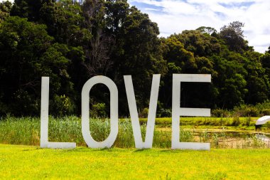 Parlak güneşli bir günde yeşil çimlerin üzerinde büyük bir aşk işareti