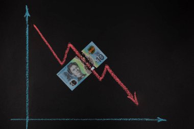 Para birimi önx eğilimleri pazar kavramı - çizgi grafiği tahtaya tebeşirle çizilmiş ve 10 Avustralya Doları 'na ait fotokopi alanı ile gösterilen eğilim