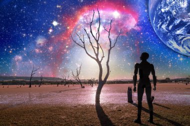 Geleceğin fantezi manzarası. Çıplak ağaçlar ve gökyüzünde yükselen dev gezegenlerle çorak arazide duran insan silueti. Bu görüntünün elementleri NASA tarafından döşenmiştir.