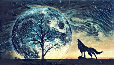 Fantasy landscape illustration artwork - Howling wolf and bare tree silhouettes with huge planet rising behind in starry sky clipart