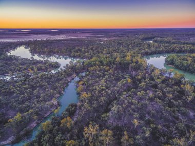 Gün batımında sakız ağaçlarının arasında kıvrılan nehrin havadan görünüşü