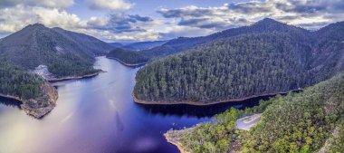 Güzel Cethana Gölü ve çevreleyen orman havası manzarası. Cethana, Tazmanya, Avustralya
