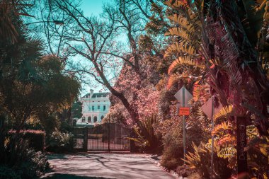 Melbourne, Australia - July 1, 2017: Royal Botanic Gardens House among lush vegetation on bright sunny day clipart