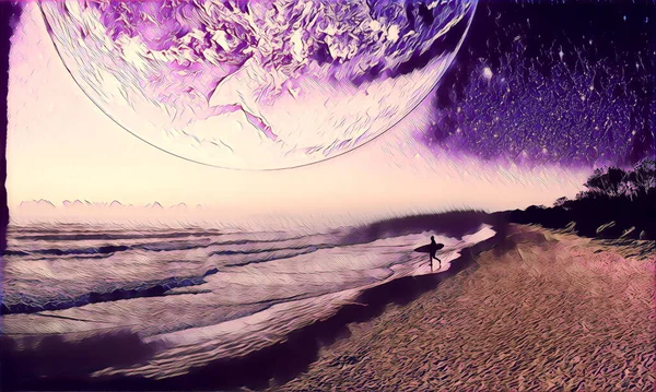 Surfista Caminando Por Playa Del Planeta Alienígena Obra Arte Digital — Foto de Stock