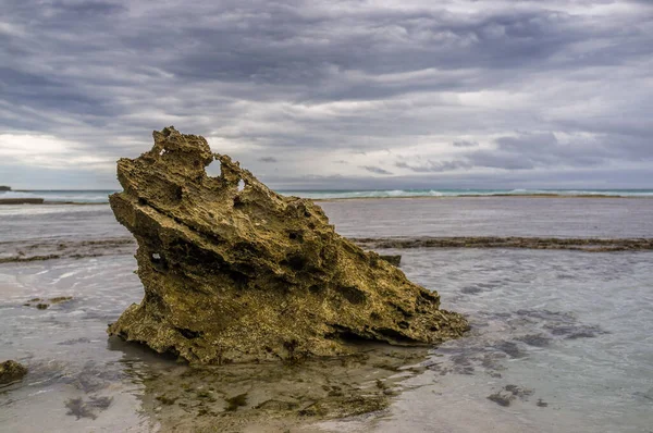 Batu Yang Terkikis Indah Saat Pasang Rendah Garis Pantai Laut — Stok Foto