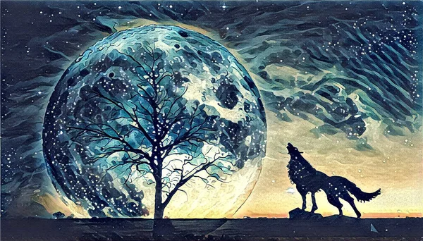 Fantasy Landskap Illustration Konstverk Howling Varg Och Bar Träd Silhuetter — Stockfoto