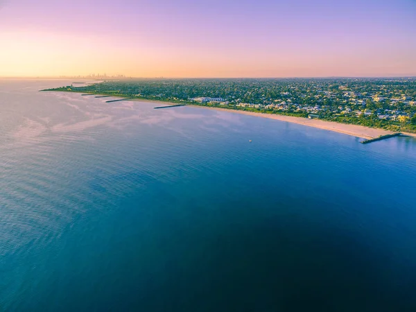 Flygfoto Över Port Phillip Bay Och Melbourne Kustlinje Skymningen — Stockfoto