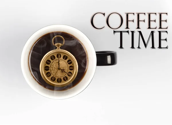 Coffee Time Concept Vintage Zegarek Wewnątrz Kubek Pokazujący Oclock Białym — Zdjęcie stockowe