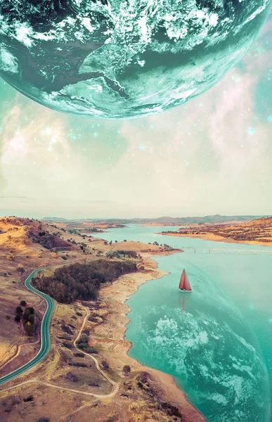 Beautiful fiction book cover design. Unreal fantasy landscape of sailboat sailing across a river on alien planet. Elements of this image furnished by NASA