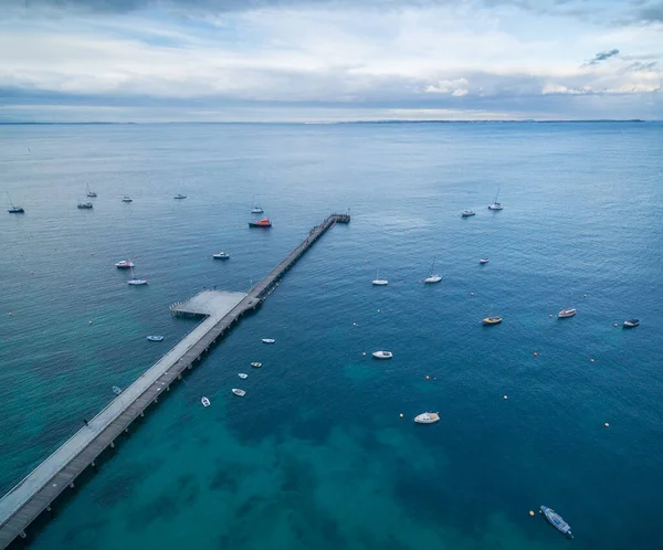 Flygfoto Över Flinders Brygga Med Förtöjda Fiskebåtar Skymningen Mornington Halvön — Stockfoto