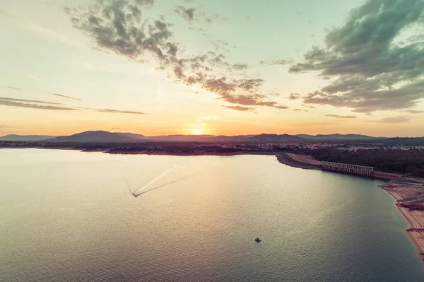 Boats in a lake at scenic sunset. Aerial Landscape with copy space.