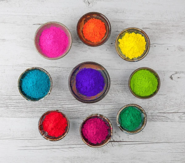Polvo Colorido Vibrante Holi Tazas Dispuestas Círculo Vista Superior — Foto de Stock